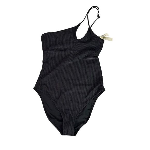 Aerie size Medium Shine Rib One Shoulder Full Coverage One Piece Swimsuit Black - Picture 5 of 12